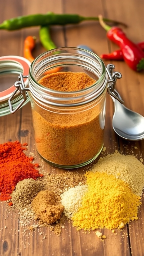 A jar of chicken quesadilla seasoning with spices on a wooden table.